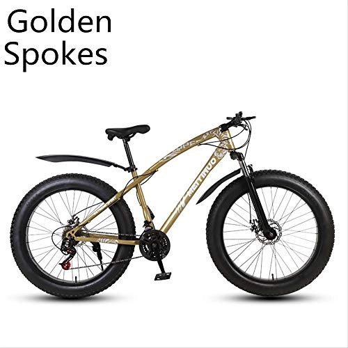 Fat Tyre Bike : xmb Golden spokes Adult off-road bicycles, men and women mountain bikes with full suspension, fat tires high carbon steel suspension youth men and women mountain bikes (21-speed)