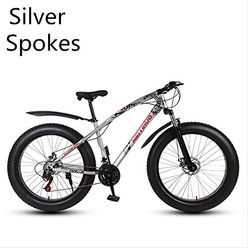 Fat Tyre Bike : xmb Silver spokes Adult off-road bicycles, men and women mountain bikes with full suspension, fat tires high carbon steel suspension youth men and women mountain bikes (24-speed)