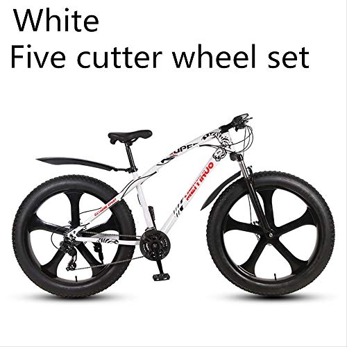 Fat Tyre Bike : xmb White five-cutter wheel set Adult off-road bicycles, men and women mountain bikes with full suspension, fat tires high carbon steel suspension youth men and women mountain bikes (27-speed)
