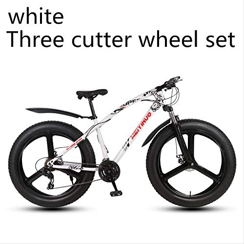 Fat Tyre Bike : xmb White three cutter wheel set Adult off-road bicycles, men and women mountain bikes with full suspension, fat tires high carbon steel suspension youth men and women mountain bikes (24-speed)