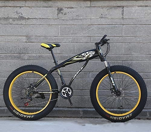 Fat Tyre Bike : XMB Yellow 26 inch off-road bicycles, Adult Dual disc brake men and women mountain bikes with full suspension, fat tires high carbon steel suspension youth men and women mountain bikes (21-speed)