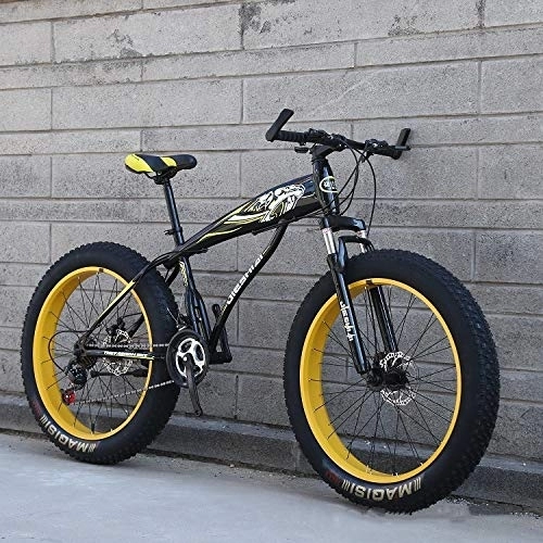 Fat Tyre Bike : XMB Yellow Adult 26 inch off-road bicycles, Dual disc brake men and women mountain bikes with full suspension, fat tires high carbon steel suspension youth men and women mountain bikes (21-speed)
