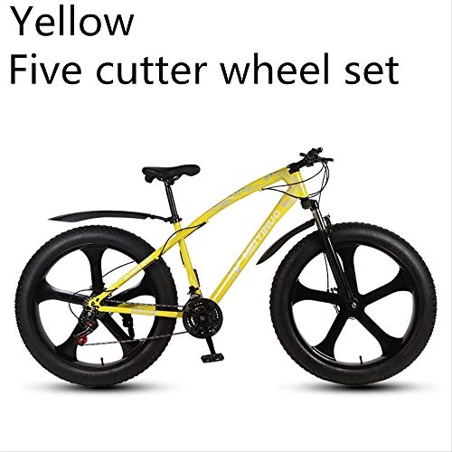 Fat Tyre Bike : XMB Yellow five-cutter wheel set Adult off-road bicycles, men and women mountain bikes with full suspension, fat tires high carbon steel suspension youth men and women mountain bikes (24-speed)