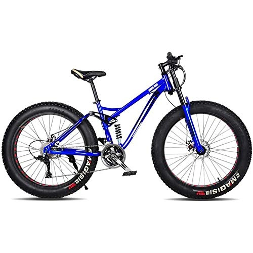 Fat Tyre Bike : XRQ Fat Tire Mens Mountain Bike, Carbon 24" 26" Mountain Bike Full Suspension Trail Bike 24-Speed Dual Disc Brakes MTB Bike High-Tensile Steel Frame, Blue, 24IN