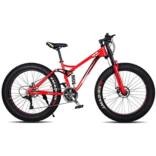 Fat Tyre Bike : XRQ Fat Tire Mens Mountain Bike, Carbon 24" 26" Mountain Bike Full Suspension Trail Bike 24-Speed Dual Disc Brakes MTB Bike High-Tensile Steel Frame, Red, 24IN