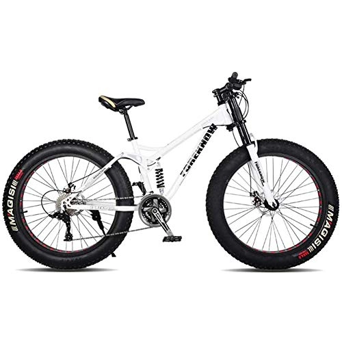 Fat Tyre Bike : XRQ Fat Tire Mens Mountain Bike, Carbon 24" 26" Mountain Bike Full Suspension Trail Bike 24-Speed Dual Disc Brakes MTB Bike High-Tensile Steel Frame, White, 24IN