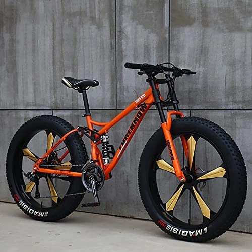 Fat Tyre Bike : YUEGOO Mountain Bikes, Adult Fat Tire Mountain Trail Bike, Speed Bicycle, High-Carbon Steel Frame Full Suspension Dual Disc Brake / Orange(C) / 26Inch 7Speed