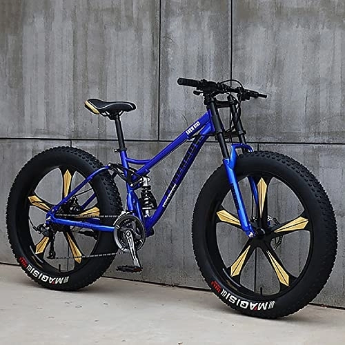 Fat Tyre Bike : YUEGOO Mountain Bikes, Adult Fat Tire Mountain Trail Bike, Speed Bicycle, High-Carbon Steel Hardtail Mountain Bike, Mountain Bicycle with Front Suspension Adjustable / Blue(C) / 26Inch 21Speed