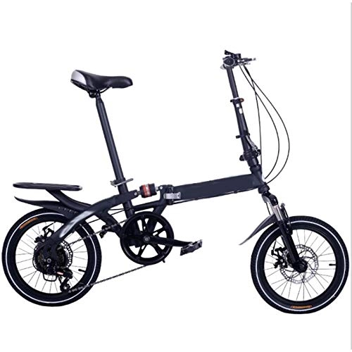Folding Bike : 14 / 16Iinch Foldable Bicycle, Variable Speed Portable Double Disc Brake Lightweight Folding Bike for Adult Student Children, 6-speed Folding Bicycle High Carbon Steel Material, Black, 16Inch