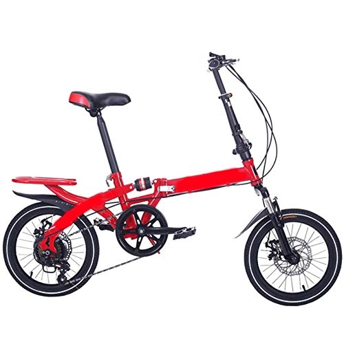 Folding Bike : 14 / 16Iinch Foldable Bicycle, Variable Speed Portable Double Disc Brake Lightweight Folding Bike for Adult Student Children, 6-speed Folding Bicycle High Carbon Steel Material, Red, 16Inch
