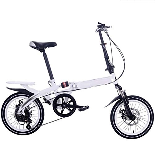Folding Bike : 14 / 16Iinch Foldable Bicycle, Variable Speed Portable Double Disc Brake Lightweight Folding Bike for Adult Student Children, 6-speed Folding Bicycle High Carbon Steel Material, White, 14Inch