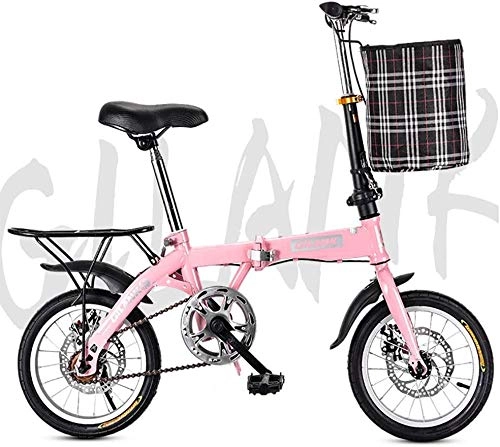 Folding Bike : 14 Inch 16 Inch 20 Inch Folding Bicycle Student Bicycle Single Speed Disc Brake Adult Compact Foldable Bike Gears Folding System Traffic Light fully assembled, Pink, 16inch