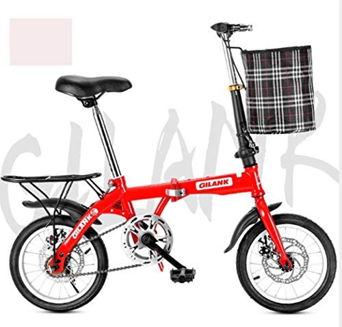 Folding Bike : 14 Inch 16 Inch 20 Inch Folding Bicycle Student Bicycle Single Speed Disc Brake Adult Compact Foldable Bike Gears Folding System Traffic Light Fully Assembled, Red, 14 Cùn