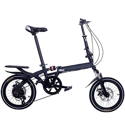 Folding Bike : 16 / 20 Inch Student Folding Bike, 6-Speed Front And Rear Disc Brake Mini Bike, Adult Folding Shock-Absorbing Bike, Black, 16 inches