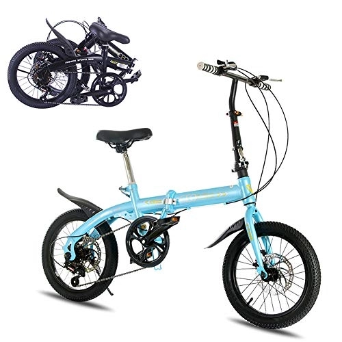 Folding Bike : 16 Inch Folding Bicycle Aluminum Frame Variable Speed Disc Brake Student Compact Bike, Blue