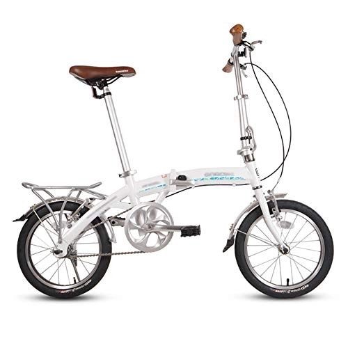Folding Bike : 16 Inch Folding Bike, Single Speed Lightweight Aluminum Frame Foldable Compact Bicycle with Rack and Fenders for Adults, White