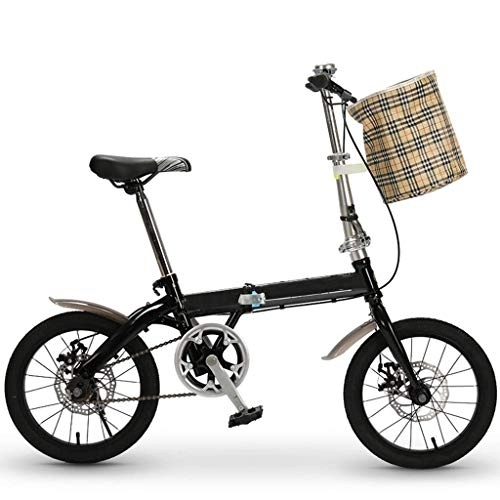 Folding Bike : 16in Cruiser Bikes Folding Bike, Adult Dual Disc Brake Bicycle, Ladies Student Kids Male Girl Boy Bicycles, Lightweight Portable Sports Exercise Bike with Basket ( Color : Black , Size : 16 inches )