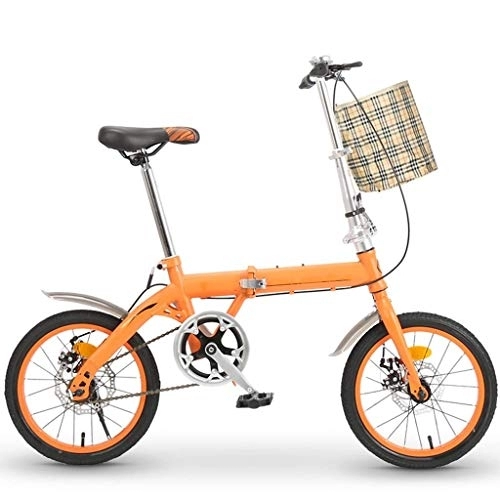 Folding Bike : 16in Cruiser Bikes Folding Bike, Adult Dual Disc Brake Bicycle, Ladies Student Kids Male Girl Boy Bicycles, Lightweight Portable Sports Exercise Bike with Basket ( Color : Orange , Size : 16 inches )