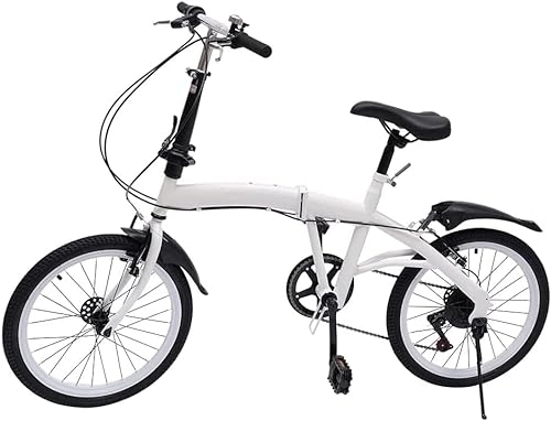 Folding Bike : 20" Folding Bike, 7 Speed Adults Bicycle, Adjustable City Bike, Carbon Steel Lightweight White