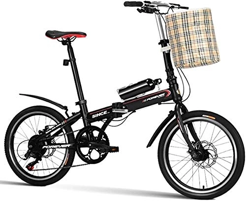 Folding Bike : 20" Folding Bikes, 7 Speed Lightweight Portable Adults Women Double Disc Brake Foldable Bicycle, Reinforced Frame Commuter Bike (Color : Black)
