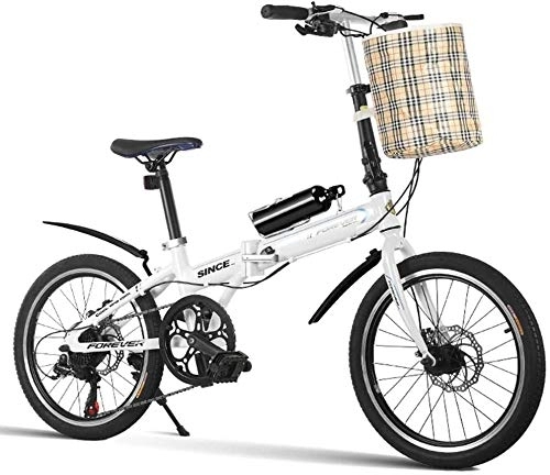 Folding Bike : 20" Folding Bikes, 7 Speed Lightweight Portable Adults Women Double Disc Brake Foldable Bicycle, Reinforced Frame Commuter Bike, (Color : White)