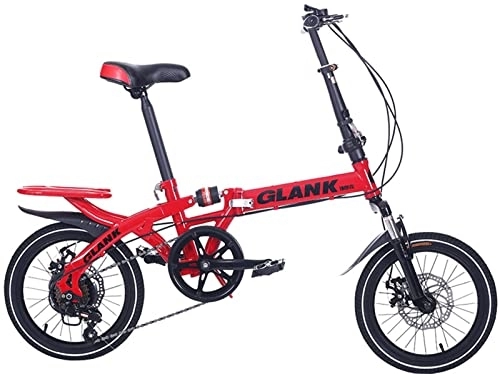 Folding Bike : 20 Inch Adult Folding Bike, 6 Speed Foldable City Commuter Bicycle Thickened High-Carbon Steel Frame with Disc Brakes Lightweight Compact for Adult Men and Women Teens red, 16 inches