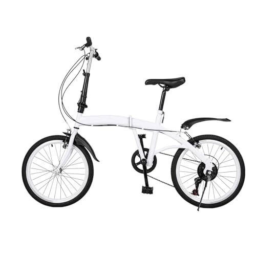 Folding Bike : 20 Inch Adult Folding Bike Foldable Bike for Adult Men and Women Teens, 6 Speed Bike Compact City Bike Bicycle, Handle Seat Height Adjustable, White Bike Front and Rear with Fenders