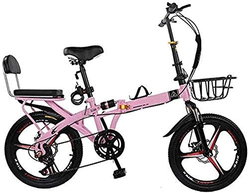 Folding Bike : 20-inch folding bicycle full shock absorber variable speed disc brake mountain bike adult ultralight student child bicycle with basket-Pink