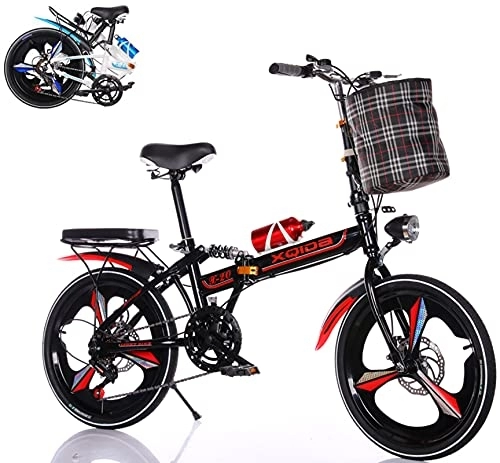 Folding Bike : 20-inch folding bike adult teenager folding bikes fast folding system 6-variable speed Before after Double shock absorption, urban road bike with lights and basket / RED / Shipment from German warehouse