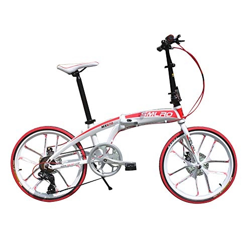 Folding Bike : 20 Inch Folding Bike for Adults, 6-speed Lightweight Bicycle with Dual Suspension and Disk Brake, WhiteRed