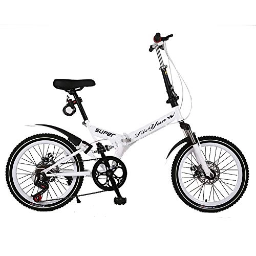 Folding Bike : 20 Inch Folding Bike for Adults, 6 Speed Lightweight Bicycle with Front and Rear Disc Brakes and Dual Suspension, White