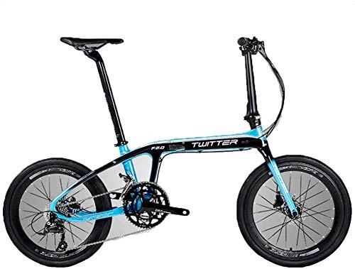 Folding Bike : 20-Inch Folding Speed Bicycle - Adult Folding Bicycle - Carbon Fiber Folding Bicycle BMX 20 Inch 16 Speed Double Disc Brake Light Portable Bicycle, White (Color : Blue)
