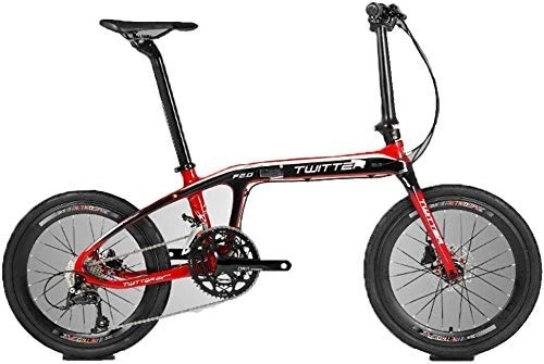 Folding Bike : 20-Inch Folding Speed Bicycle - Adult Folding Bicycle - Carbon Fiber Folding Bicycle BMX 20 Inch 16 Speed Double Disc Brake Light Portable Bicycle, White (Color : Red)