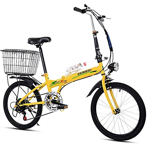 Folding Bike : 20 Inch Portable Folding Variable Speed Bicycle Carbon Steel Frame Mountain Bike Shock Absorption Anti-Skid Men And Women Bicycle Suitable for Camping, Yellow