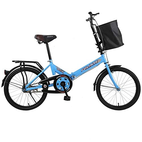Folding Bike : 20-inch variable speed shock absorption folding bicycle Men and women lightweight student single speed car Fixed gear bicycle Single speed High carbon steel frame-D-sky blue