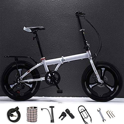 Folding Bike : 20 Inches Lightweight Folding MTB Bike, Foldable City Commuter Bicycles, 6 Speed Mens Womens Mountain Bike, Double Disc Brake / white