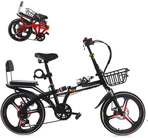 Folding Bike : 20 Inches Lightweight Folding MTB Bike Foldable City Commuter Bicycles 7 Speed Mens Womens Mountain Bike + Double Disc Brake-Black