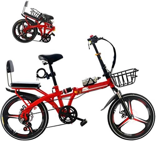 Folding Bike : 20 Inches Lightweight Folding MTB Bike Foldable City Commuter Bicycles 7 Speed Mens Womens Mountain Bike + Double Disc Brake-Red