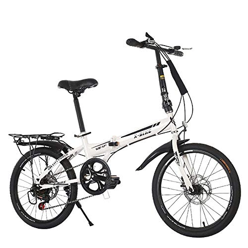 Folding Bike : 20" Lightweight Alloy Folding City Bike Bicycle, Dual Disc Brakes, Folding Bike for Ladies And Men, Bike 6 Speed Lightweight Cycle, Shock-Absorbing Off-Road Anti-Tire Mountain, White