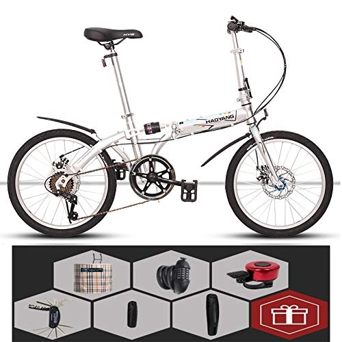 Folding Bike : 20in Folding City Bicycle Suitable for Height 140-180 cm Student Foldable Bike Variable Speed Unisex Adult Damping Folding Bike, White