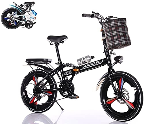 Folding Bike : 20inch folding bike adult teenager folding bikes, fast folding system 6-variable speed Before after Double shock absorption urban road bike with lights and basket / black / Shipment from German warehouse