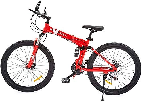 Folding Bike : 21 Speed Mountain Bike with Dual Disc Brakes, 26 Inch All-Terrain Bicycle with Full Suspension Adjustable Seat Offroad Folding Bike-Red
