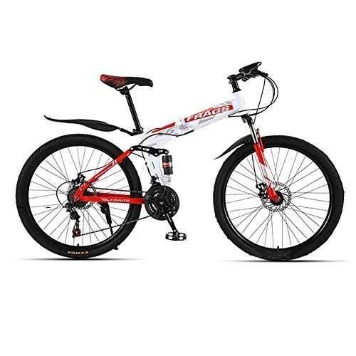 Folding Bike : 21-Speed Variable Speed Bicycle, 26 Inch Adult Mountain Bike, Folding Outroad Bicycles, Rear Shock Design, Adult MTB (White Red) fengong
