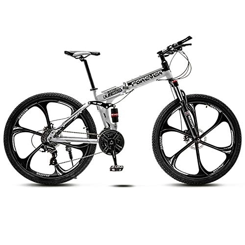 Folding Bike : 21 Variable Speed Six Cutter Wheel Adult Off-Road Mountain Bike Men And Women Bicycle Folding Variable Speed Double Shock Absorber Student Racing, Black And White, 24