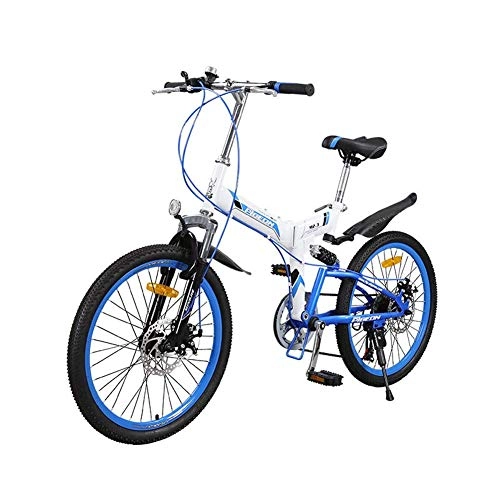 Folding Bike : 22" Mountain Bicycle 7-Speed Double Shock Absorber Front and Rear Disc Brake Folding Bike Student Youth Soft Tail Suspension Bike (Blue)