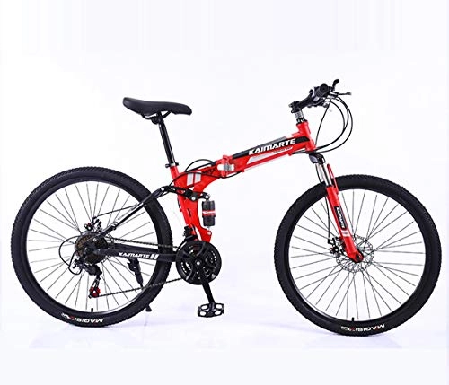 Folding Bike : 24 / 26 inch adult bicycle foldable mountain bike MTB, full suspension MTB bicycle for men and ladies fitness outdoor leisure cycling, 21 / 24 / 27 speed (Color : Red, Size : 24inch 27 Speed)