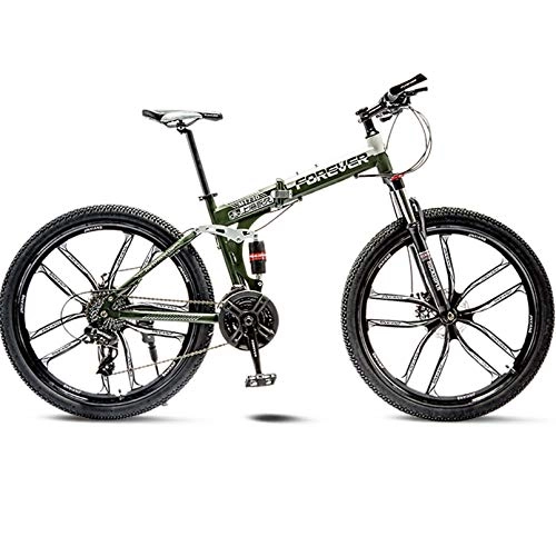 Folding Bike : 24 / 26 Inch Adult Mountain Bike 27-Speed Folding Outroad Bicycles, Dual Suspension Frame Off-Road Bike, High-Carbon Steel MTB, Army Green, 26 Inch