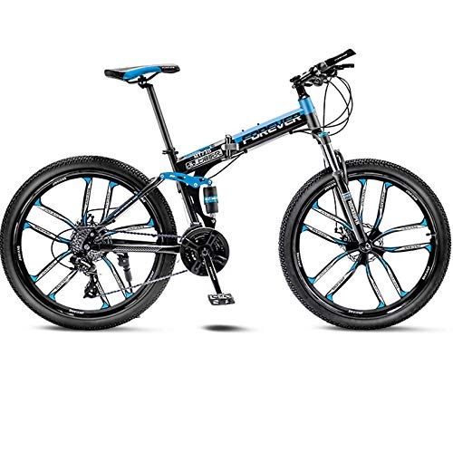Folding Bike : 24 / 26 Inch Adult Mountain Bike 27-Speed Folding Outroad Bicycles, Dual Suspension Frame Off-Road Bike, High-Carbon Steel MTB, Black Blue, 24 Inch