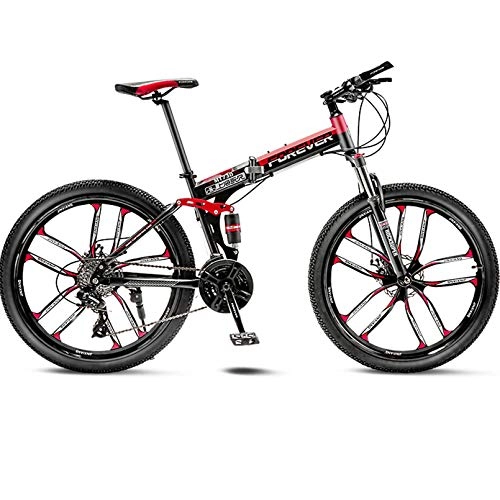 Folding Bike : 24 / 26 Inch Adult Mountain Bike 27-Speed Folding Outroad Bicycles, Dual Suspension Frame Off-Road Bike, High-Carbon Steel MTB, Black Red, 26 Inch