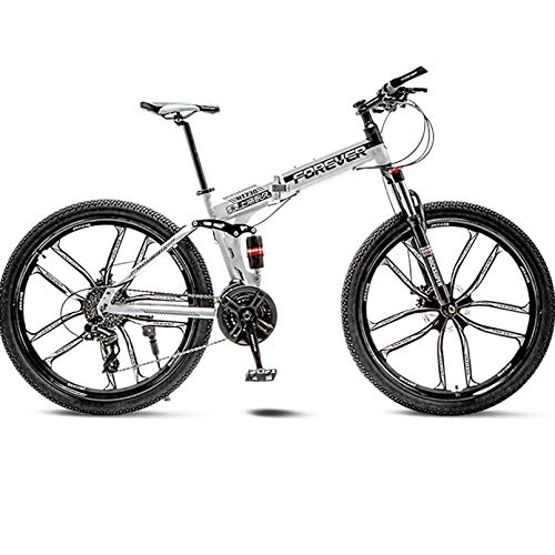 Folding Bike : 24 / 26 Inch Adult Mountain Bike 27-Speed Folding Outroad Bicycles, Dual Suspension Frame Off-Road Bike, High-Carbon Steel MTB, Black White, 24 Inch